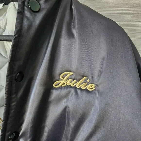 Vintage 90s Black Satin Bomber Jacket Moto Goldwing Graphic NAME Cardinal XL - Picture 4 of 13